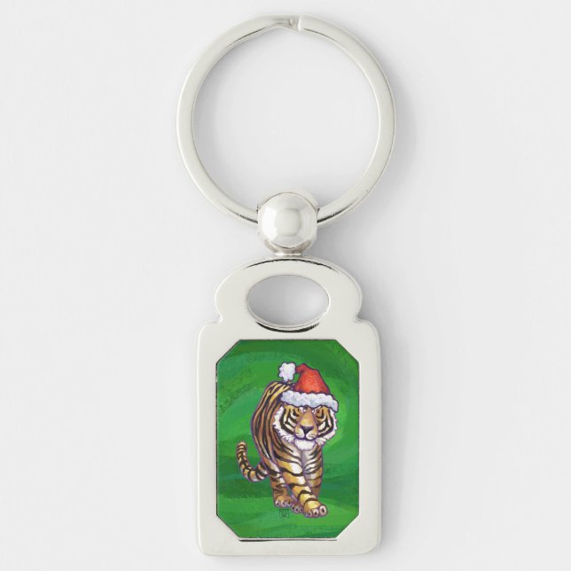 Cute Tiger in Santa Hat On Green Key Ring (Front)