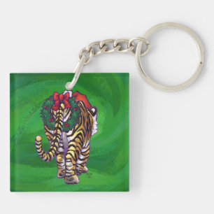 Cute Tiger in Santa Hat On Green Key Ring