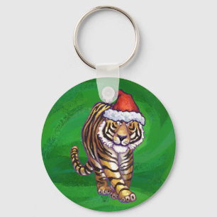 Cute Tiger in Santa Hat On Green Key Ring