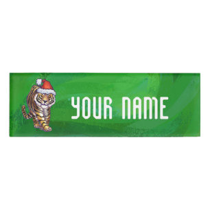 Cute Tiger in Santa Hat On Green Name Tag