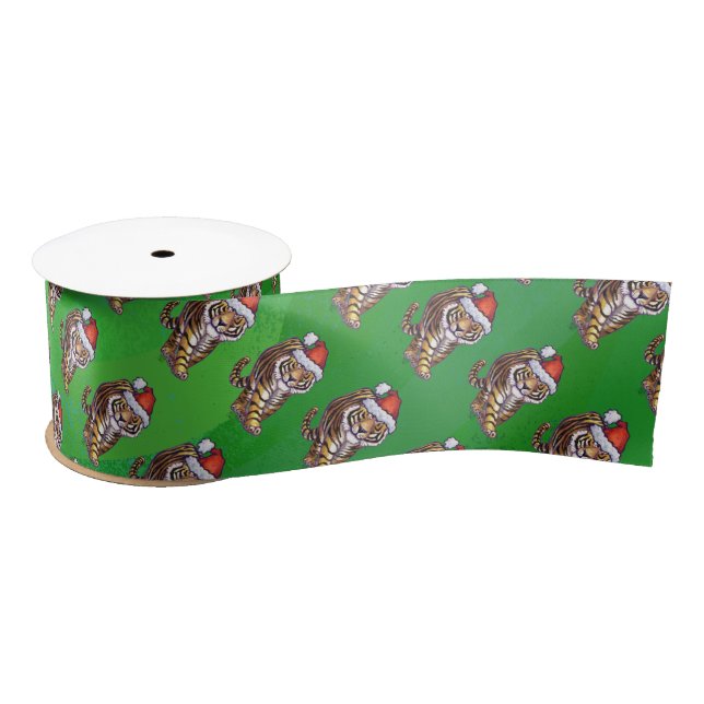 Cute Tiger in Santa Hat On Green Satin Ribbon (Spool)