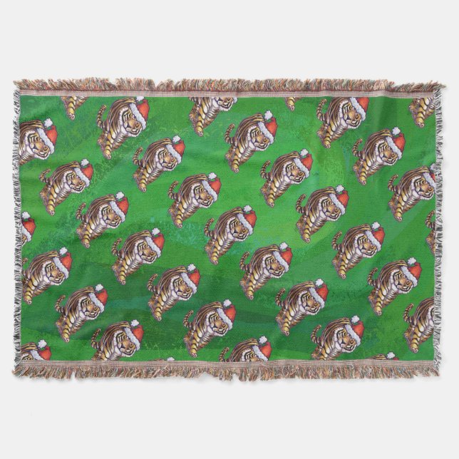 Cute Tiger in Santa Hat On Green Throw Blanket (Front)