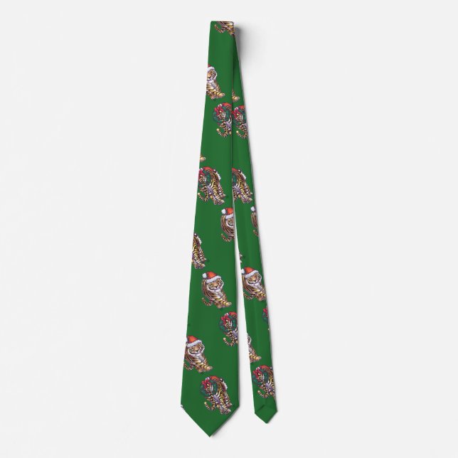 Cute Tiger in Santa Hat On Green Tie (Front)