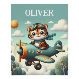 Cute Tiger Kid Flying on Aeroplane Poster