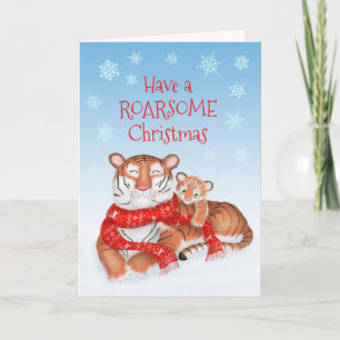 Cute tiger mum and cub in snow Christmas card