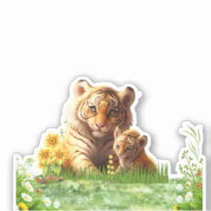 Cute Tiger Mum & Baby Floral Watercolor Custom Cut