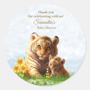 Cute Tiger Mum Baby Shower Floral Watercolor  Classic Round Sticker