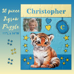 Cute tiger photo name blue yellow kids jigsaw puzzle<br><div class="desc">30 piece jigsaw puzzle for kids.
Featuring a cute tiger,  with stars and love hearts.
Add a name,  initial and a photo.
Colour scheme: blue and yellow
Children's gift idea.</div>