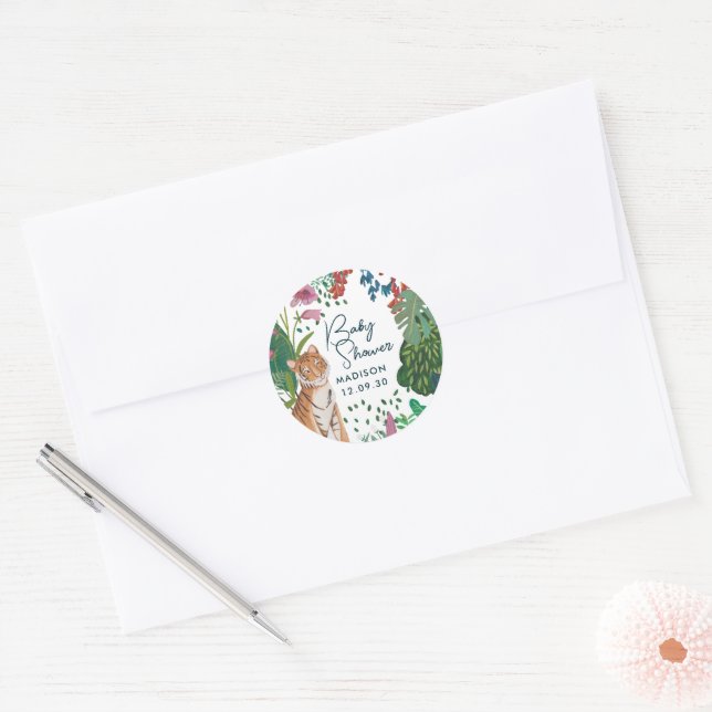 Cute Tiger Safari Jungle New Baby Shower    Classic Round Sticker (Envelope)