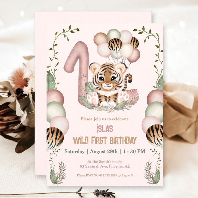 Cute Tiger Safari Pink Wild One Girl 1st Birthday Invitation (1st Birthday girl pink party invitation with a cute baby tiger)