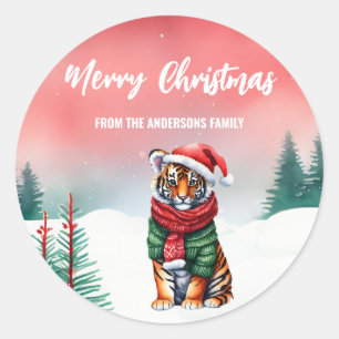 Cute tiger safari wild Santa Christmas party kids Classic Round Sticker
