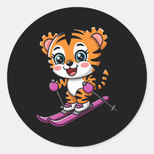 Cute Tiger Skiing Winter Snow Sports Kids Classic Round Sticker