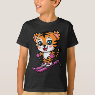 Cute Tiger Skiing Winter Snow Sports Kids  T-Shirt