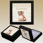 Cute tiger stars add name brown keepsake gift box<br><div class="desc">Keepsake Gift Box for children.
Personalise with a name.
Featuring a cute tiger,  polka dots and stars with the colours brown and white.</div>