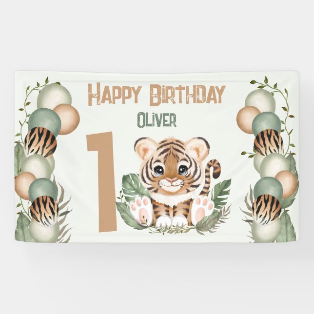 Cute Tiger Wild One Boy 1st Birthday Banner (Horizontal)