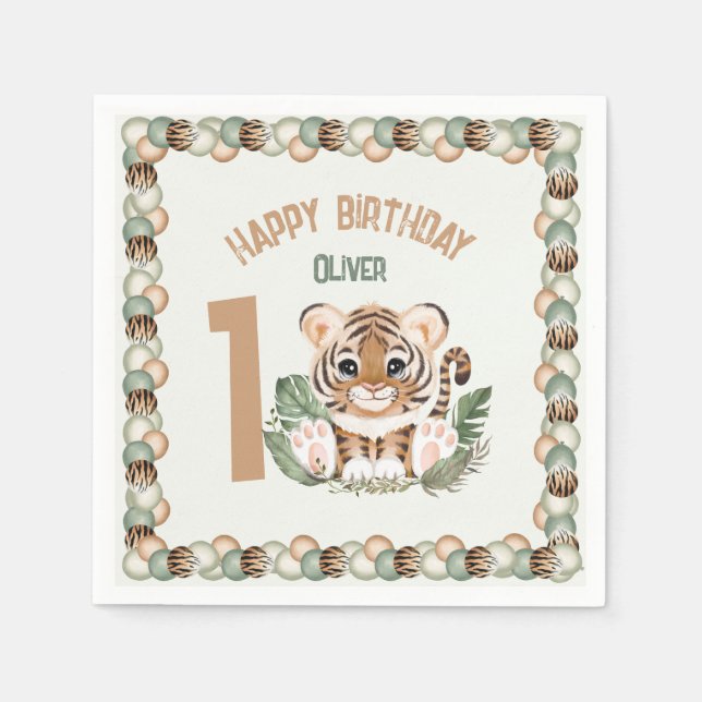 Cute Tiger Wild One Boy 1st Birthday Napkin (Front)