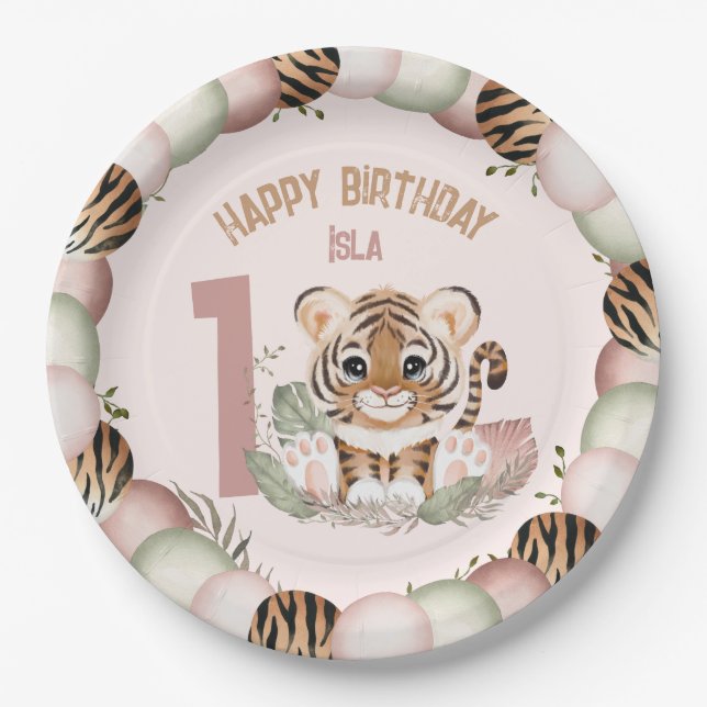 Cute Tiger Wild One Girl 1st Birthday Paper Plate (Front)