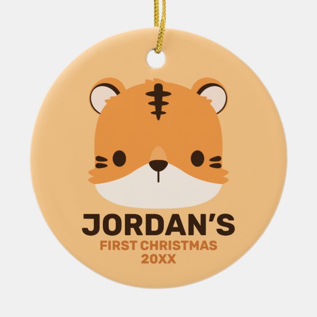 Cute Tiger with Personalised Name Ceramic Tree Decoration (Front)