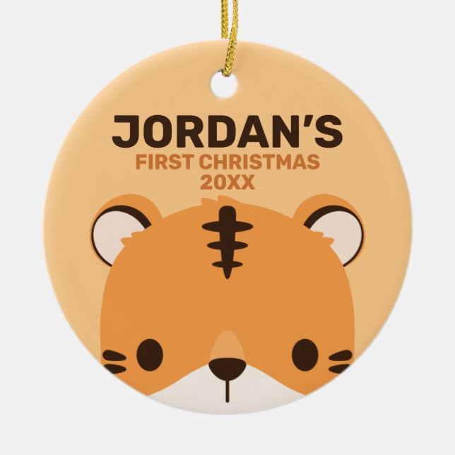 Cute Tiger with Personalised Name Ceramic Tree Decoration (Front)