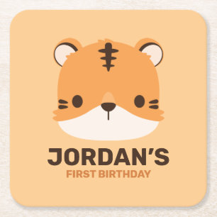 Cute Tiger with Personalised Name Square Paper Coaster