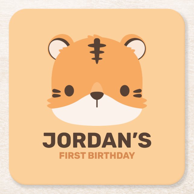Cute Tiger with Personalised Name Square Paper Coaster (Front)