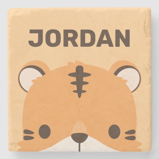 Cute Tiger with Personalised Name Stone Coaster (Front)