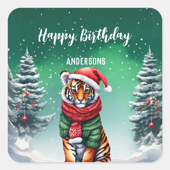 Cute tiger zoo Christmas tree birthday girl party Square Sticker (Front)
