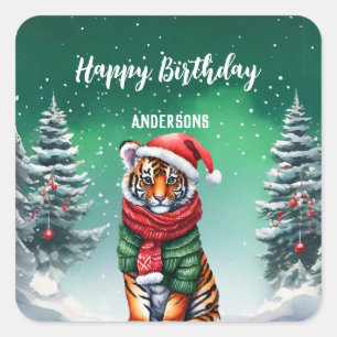 Cute tiger zoo Christmas tree birthday girl party Square Sticker