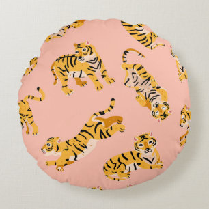 Cute tigers seamless pattern round cushion