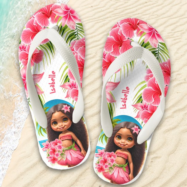 Cute Tiki Girl Summer Tropical Name Girl's Kid's Flip Flops (Creator Uploaded)