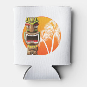 Cute Tiki Statue Beach Sunset Can Cooler