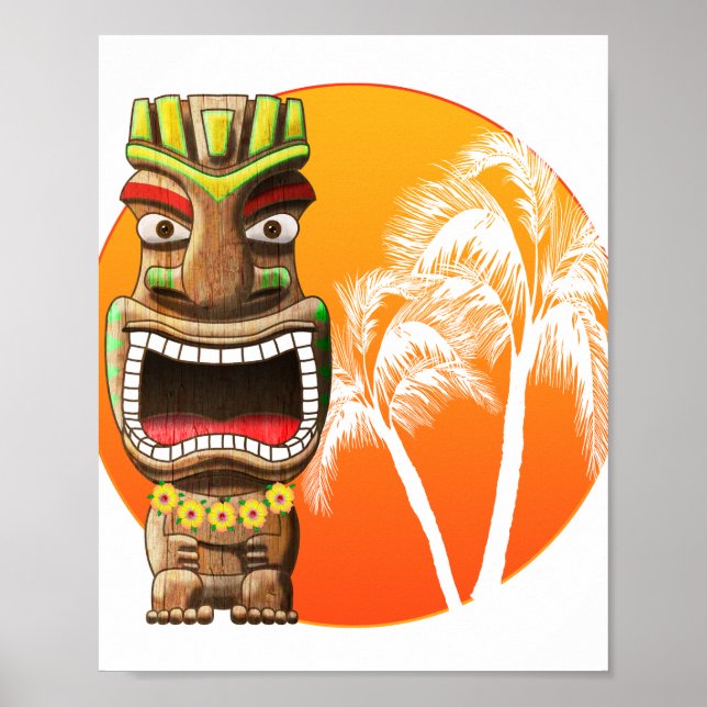 Cute Tiki Statue Beach Sunset Poster (Front)