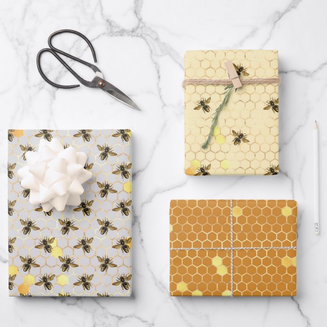 cute tiled bee pattern party wrapping paper sheet (Front)
