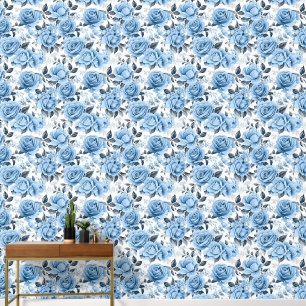 Cute tiled blue white roses pattern wallpaper