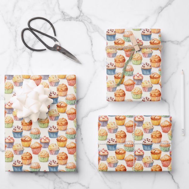 Cute tiled cupcake party wrapping paper sheet (Front)