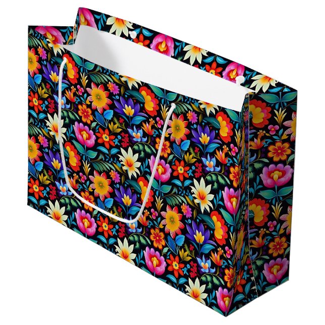 Cute tiled Mexican fiesta flowers  Large Gift Bag (Front Angled)