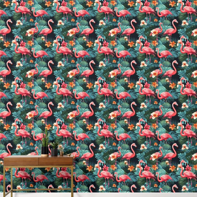 Cute tiled pink flamingo pattern wallpaper (Hallway)