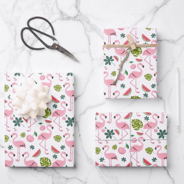 Cute tiled pink flamingo pattern wrapping paper sheet (Front)