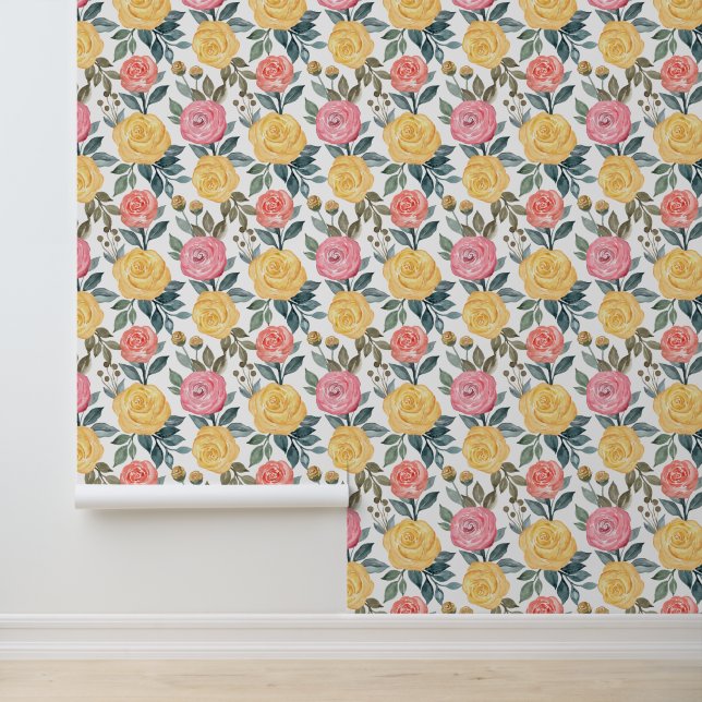 Cute tiled pink yellow roses pattern wallpaper (Application)