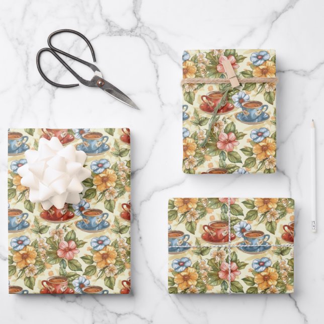 Cute tiled tea party  wrapping paper sheet (Front)