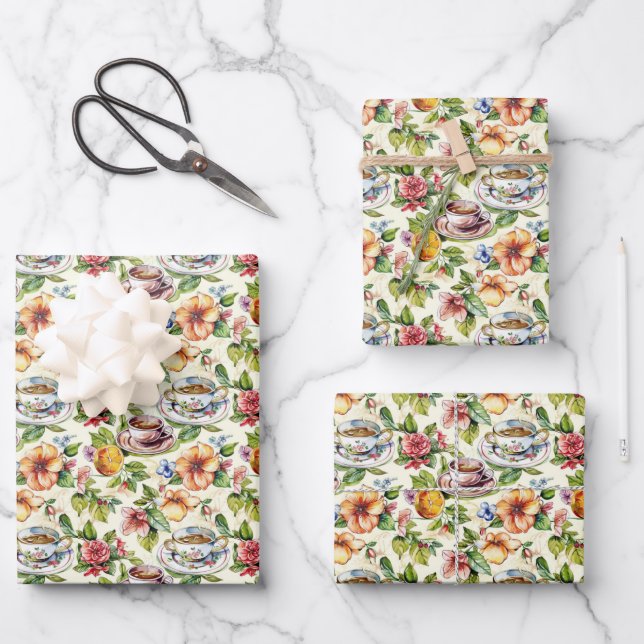 Cute tiled tea party  wrapping paper sheet (Front)