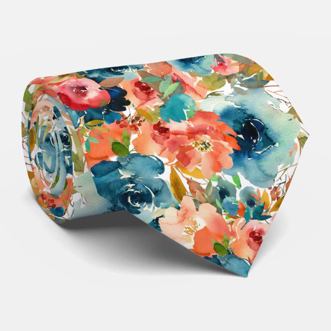 cute tiled watercolor floral pattern  tie (Rolled)