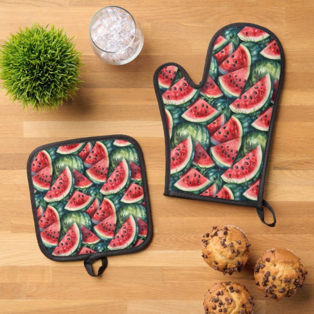 Cute tiled watermelon pattern kitchen oven mitt & pot holder set (Top Down)