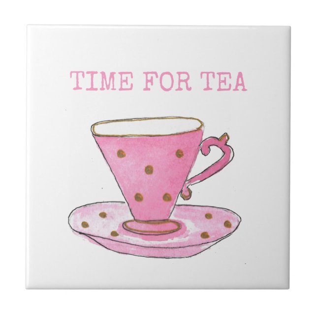 Cute Time for Tea Pink Watercolor Teacup Tile (Front)