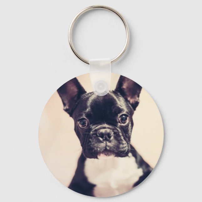 Cute Tiny Black and White Puppy Key Ring (Front)