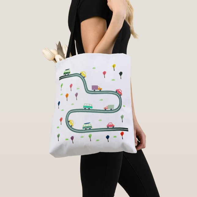 Cute Tiny Car Travelling On Roadway Tote Bag (Close Up)