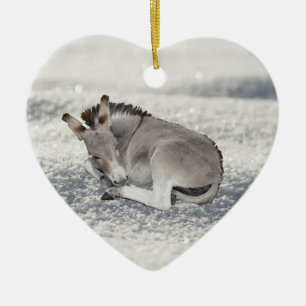 Cute Tiny Donkey Foal in Snow Ceramic Tree Decoration