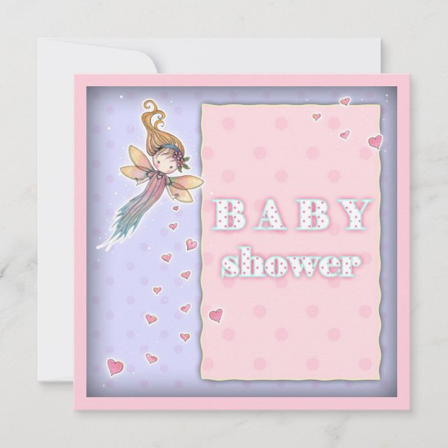 Cute Tiny Fairy and Hearts Girl Baby Shower Invite (Front)