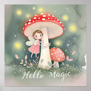 Cute Tiny fairy perched on top of mushroom Poster