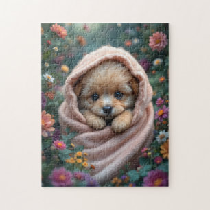Cute, tiny, fluffy puppy surrounded by flowers jigsaw puzzle